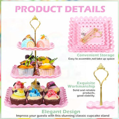 6 Pcs 3 Tier Cupcake Stand Tea Party Trays 3 Tier Serving Tray Plastic Dessert Stand Cake Fruit Candy Display Tower for Wedding Birthday Tea Party (Square,White,Pink,Green) - color: White,pink,green, size: Square