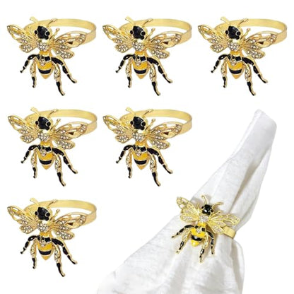 Bee Napkin Rings Set of 6, Gold Bee Napkin Holders with Rhinestones | Serviette Buckles Metal Holder for Cloth Napkins, Party Table Decor Banquet Wedding Birthday Thanksgiving Holiday Daily Use