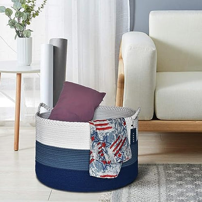 COMSE XXXLarge Woven Blanket & Laundry Basket, 87L, White & Blue | 21.7" x 13.8", Cotton Rope, Nursery Hamper for Storage of Toys Clothes Towels, Ideal for Living Room Bedroom Bathroom - color: White & Cadet Blue & Navy Blue