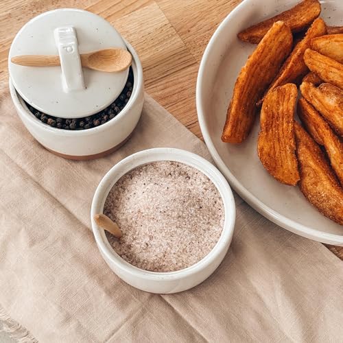 Mora Ceramic Salt and Pepper Cellar Set with Lid - 10 oz Modern Canister/Container/Bowl for Storage, Sea Salt, Spice, Sugar, Countertop - Small Dish/Jar with Wood Spoon, White Crock - color: Vanilla White