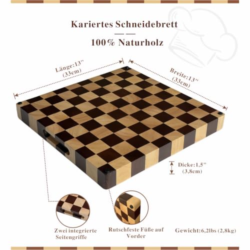 Checkered End Grain Butcher Block Cutting Board | 13" x 13" x 1.5" Thick | Acacia & Rubber Wood | Reversible | Heavy Duty Food Prep & Serving - color: Checkered Square
