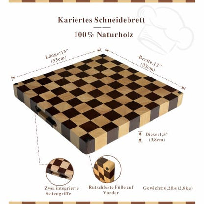 Checkered End Grain Butcher Block Cutting Board | 13" x 13" x 1.5" Thick | Acacia & Rubber Wood | Reversible | Heavy Duty Food Prep & Serving - color: Checkered Square