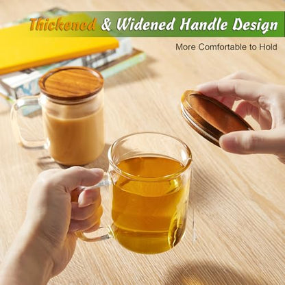 DRASTAR Glass Coffee Cups,12 oz Clear Coffee Mugs with Acacia Wood Lid,Flat Bottomed Coffee Mug with Handles,Tea Cup Set of 2 - size: 12 oz