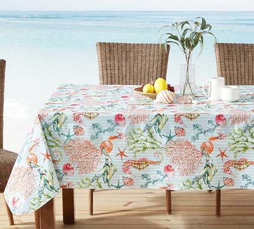 Newbridge Vinyl Rectangle Tablecloth with Flannel Backing, 60 x 102 Inch, Neponsit Sea Life, Waterproof, Soil Resistant Dining Room, Party Table Cover, Starfish, Seahorses and Coral, Blue - size: 102" x 60" (Rectangular)