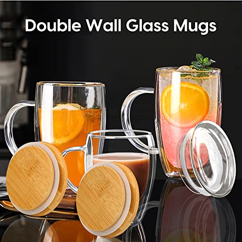 15 Oz Double Walled Glass Coffee Mugs, 2 Packs Clear Coffee Mugs with Lids Insulated Coffee Cups with Handle Perfect for Cappuccino,Tea,milk ,Espresso,Latte, Hot Beverage Set of 2 (Glass lid, 15oz) - color: 15oz