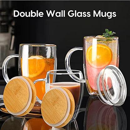 15 Oz Double Walled Glass Coffee Mugs, 2 Packs Clear Coffee Mugs with Lids Insulated Coffee Cups with Handle Perfect for Cappuccino,Tea,milk ,Espresso,Latte, Hot Beverage Set of 2 (Glass lid, 15oz) - color: 15oz
