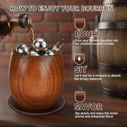 Charred Wooden Bourbon Drinking Glass Wooden Whiskey Glasses Set of 2 Complete Whiskey Gift Set Old Fashioned Glass Bourbon Gifts for Men (2 Pack Soccer) - style: 2 Pack Soccer