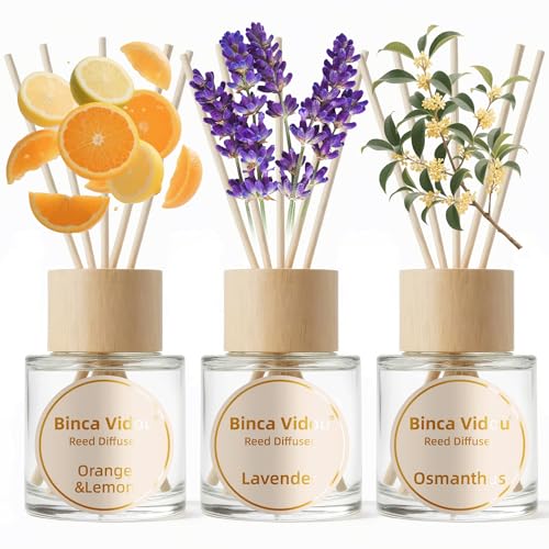 Reed Diffuser Set, Lavender Osmanthus Orange&Lemon Scent Oil Diffusers with Sticks for Home Office Bathroom Aromatherapy Decor 1.69oz X 3 - color: Lavender, Osmanthus, Orange & Lemon