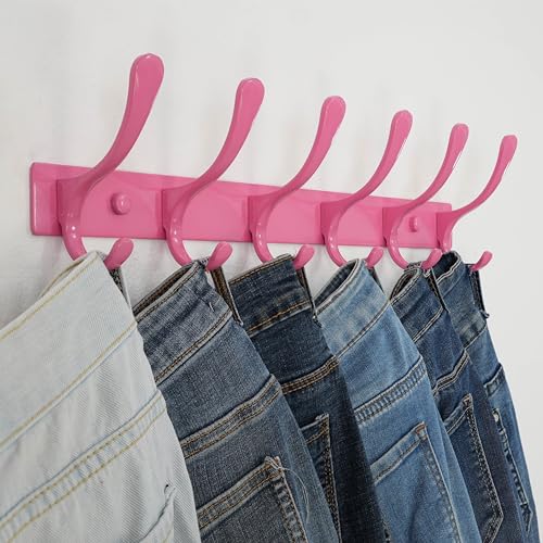 SKOLOO Wall Mounted Coat Rack - 6 Hooks, Pack of 2, Heavy Duty, Stainless Steel, Metal Wall Hanger, Sturdy Coat Hooks for Hanging Coats, Jackets, Clothes, Hats - Pink - color: Pink, size: 6 Hook(2 Pack)