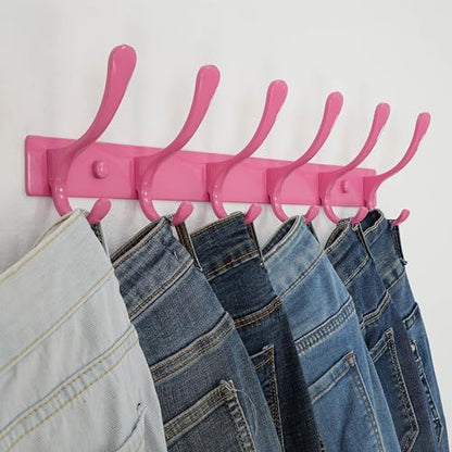 SKOLOO Wall Mounted Coat Rack - 6 Hooks, Pack of 2, Heavy Duty, Stainless Steel, Metal Wall Hanger, Sturdy Coat Hooks for Hanging Coats, Jackets, Clothes, Hats - Pink - color: Pink, size: 6 Hook(2 Pack)