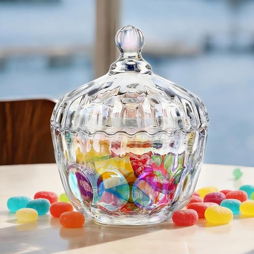 KANPURA 11.5 oz Glass Candy Dish with Lid, Small Candy & Cookie Jar | Decorative Candy Dish for Home Office Desk Table, Colorful Candy Bowl for Easter, Weddings, Buffet Parties & Holidays - color: AB, 11.5oz