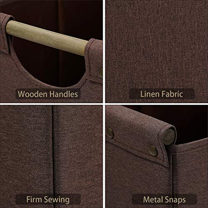 HOONEX Large Collapsible Storage Bins, Linen Fabric, 2 Pack, Storage Baskets with Wooden Carry Handles and Sturdy Heavy Cardboard, for Home, Office, Car, Nursery, Brown - color: Brown