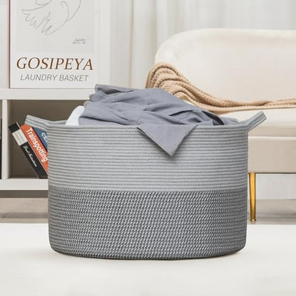 XXXLarge Woven Cotton Rope Basket (21.7" x 13.8") 90L – Blanket Basket for Living Room, Laundry Hamper, Baby Laundry Hamper, Toy Storage, Pillows & Cushions Organizer (Mixed Grey) - color: Mixed Gray
