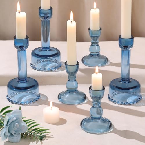 Lanttu 6 Pcs Blue Glass Candlestick Holders Taper Candle Holder Bulk | Crystal Candle Holders for Wedding, Table Centerpiece, Home Decoration - color: Blue