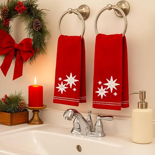 Christmas Bath Hand Towels, Stars with Sequins, Cotton, Red, 16" x 25", Set of 2 - color: Organza Stars