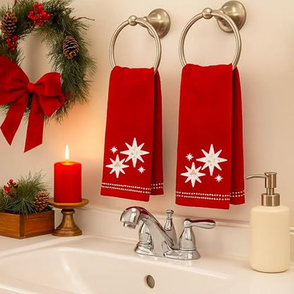 Christmas Bath Hand Towels, Stars with Sequins, Cotton, Red, 16" x 25", Set of 2 - color: Organza Stars