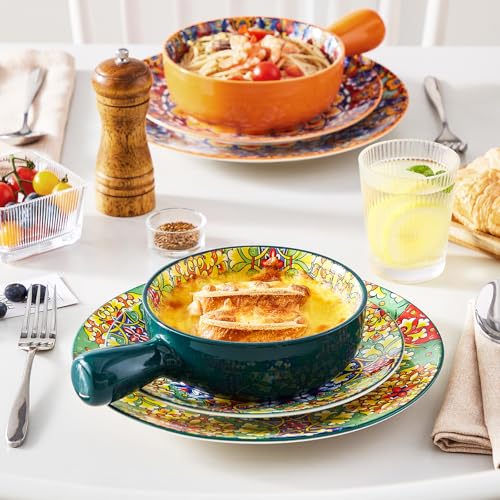 vancasso Boho 23 Oz French Onion Soup Bowls with Handles, Ceramic, Set of 4 | Bohemian ceramic soup crocks with handles,Microwave & dishwasher safe,6.2 inch, 23 oz, For cereal, pasta, stew & chili