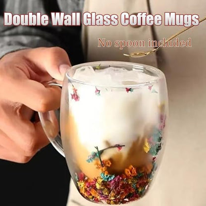 Viovian 13oz Double Wall Glass Coffee Mugs Set of 2 Insulated Glass Coffee Cups with Handles,Clear Dried Flower Tea Mug for for Hot Beverages,Tea Cup Women Birthday Gifts - color: 13oz double wall glass mugs set of 2