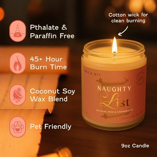 Wax & Wit Christmas Candles Scented – Balsam, Pine, Cedarwood – Fall Candle, Perfect Holiday, Winter, Xmas, Autumn Gifts – 9oz, Soy Wax, 50 Hour Burn - color: Naughty List