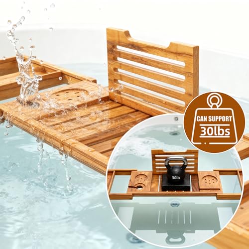 Expandable Teak Bathtub Tray - Luxury Wooden Bath Caddy & Tub Shelf, Over-The-Tub Bath Table with Book & Wine Glass Holder, Waterproof Bathroom Organizer for Spa Experience