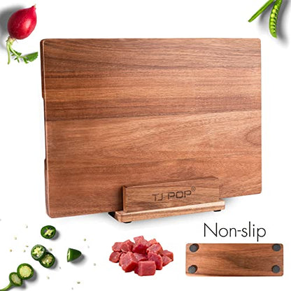 TJ POP Acacia Wood Cutting Board for Kitchen, Premium Wooden Chopping Board with Stand Organizer and Built-in Handle, 15.8 x 11.9 x 1 Inches Butcher Block Large Cheese Serving Board - color: Acacia woood with stand
