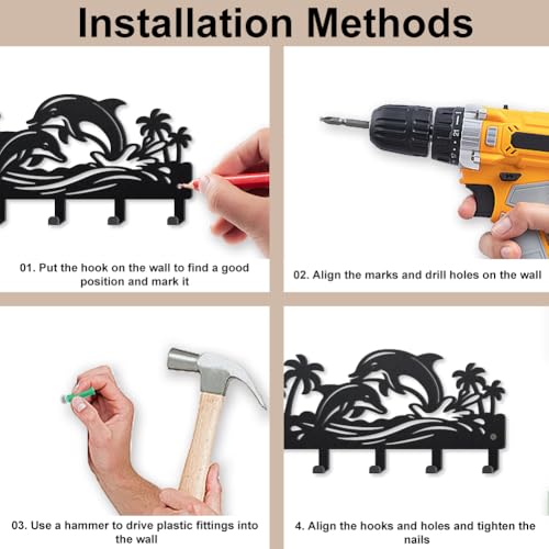 MAYJOYDIY Ocean Dolphin Metal Key Hook Marine Animal Coat Rack Wall Mounted 9.8×4.7inch Coconut Tree Black Art Wall Decor Key Holder with 5 Hooks for Gift Coats Hats Towels Bags Hanging - style: Ocean Dolphin
