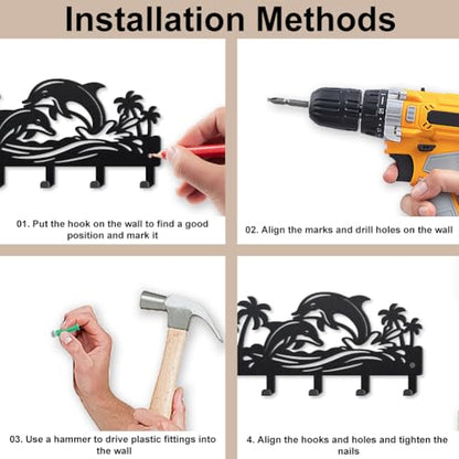 MAYJOYDIY Ocean Dolphin Metal Key Hook Marine Animal Coat Rack Wall Mounted 9.8×4.7inch Coconut Tree Black Art Wall Decor Key Holder with 5 Hooks for Gift Coats Hats Towels Bags Hanging - style: Ocean Dolphin