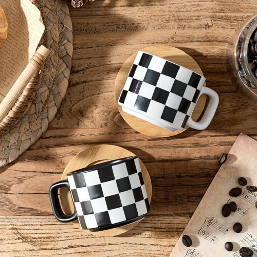LUKA Ceramic Stackable Black and White Checkered Espresso Cups with Saucers and Metal Stand, 4 Ounce Small Demitasse Cups Set for Coffee Drinks, Latte, Tea - Set of 4 - color: 4G-White & Black