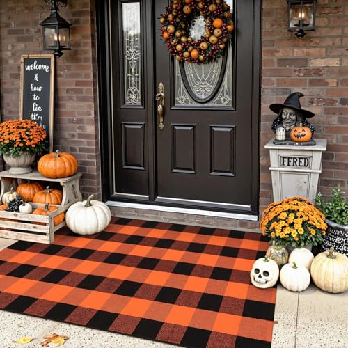 Uphome Bufflo Plaid Outdoor Rug 3'x5', Fall Decor Checkered Front Door Mat, Halloween Indoor Outdoor Porch Rug for Layered Door Mats, Washable Farmhouse Black/Orange Area Rugs for Patio Entryway - color: Black/Orange, size: 3'x5'