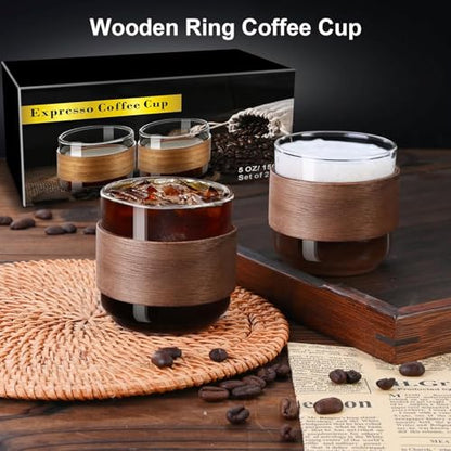 PARACITY Espresso Cups, 5 oz Espresso Shot Cups with Wooden Ring, Set of 2 | Clear espresso shot glass works as a cortado cup; expresso shots cup and double espresso cups serve as espresso accessories - size: 5 Ounces (2 pack)