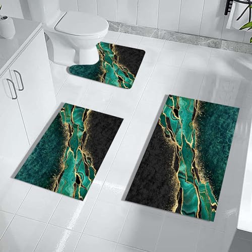 Black and Gold Green Bathroom Rugs,Emerald Green Marble Hunter Dark Green Bath Rug Set 3 Piece,Abstract Modern Rubber Quick Dry Super Absorbent Bath Mat - color: Green Gold Marble