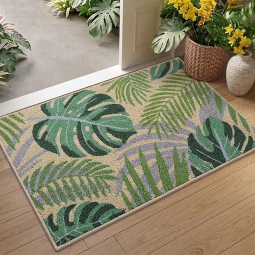 DEXI Front Door Entryway Mat 32x48, Non Slip Entry Rugs, Green Monstera | Low Profile Washable Inside Entrance Doormat, Hand Hooked Loop Pile Welcome Mats Dirt Trapper for House Floor, Garage, Patio - color: Monstera Deliciosa, size: 32" X 48" (Rectangula