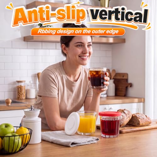 Suclain Glass Cups with Lids Set of 6, 13.5 oz Clear Coffee Cups,Colorful | Thick Drinking Glasses, Heavy Duty Tumblers with Leak Proof Lids, Glassware for Cold Drinks, Iced Coffee Yogurt Overnight - color: Colorful