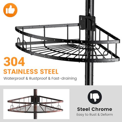 Adjustable Tension Pole Shower Caddy: Rustproof Corner Bathroom Organizer | 4-Tier 31-124" No Drill Standing Shelves Fits Apartments Rentals Bathroom Bathtub, for Shampoo, Conditioner, Bath Essentials