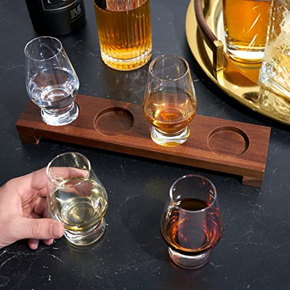 Viski Spirit Tasting Flight Set, Crystal Glass Set with Wooden Tray for Bourbon, Scotch, Gin, Brandy or Liquor, Elegant Drinkware for Home Bars, Whiskey Flights, and Barware Collections - style: Tasting Flight Set