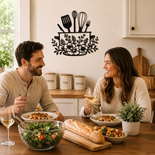 Yoanxong Kitchen Wall Decor Metal Art, Black Farmhouse Kitchen Decor with Floral Utensil Design, Rustic Kitchen Wall Art Hanging Sign for Dining Room, Coffee Bar, Home Decorations