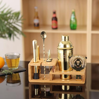 14PC Bartender Kit - Gold Cocktail Shaker Set - All Barware Essentials for Drink Mixing Includes Stand, Martini Shaker, Jigger, Strainer, Mixer Spoon, Muddler, Liquor Pourers, Touch of Mixology - color: Gold