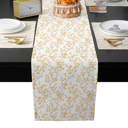 Table Runner and Placemats Set of 6 Flower Decorative Dining Table Runner with Matching Placemats Floral Tree Branch Orange Table Decor for Kitchen Dining Room and Everyday Use 13x90in - size: 13"x90"+6pcs