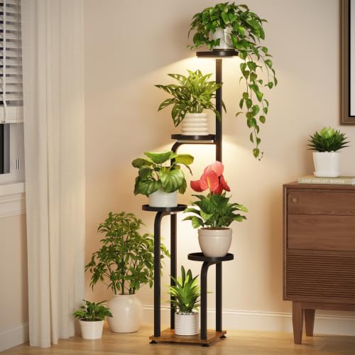 LASZOLA Plant Stand Tall for Indoor Corner with Grow Lights, 5 Tier Modern Multiple Flower Display Rack with Metal Tray, Vertical Planter Shelf for Living Room Bedroom Patio Garden Balcony, Black - color: Metallic Black with Light, size: 5 Tier