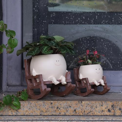Smily Face Planter Pot Cute Resin Flower Head Planters for Indoor Outdoor Plants Unique Sitting Rocking Chairs Succulent Pots for String of Pearls Plant Live Gift Ideals with Drainage Hole - size: Large