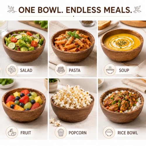 Acacia Wood Bowl Set of 2, 6-Inch Medium Serving Bowls, 400 Cubic cm Volume, 0.40 Liter Capacity, Brown - size: 2 Bowls of 6-Inch (0.40 Liters)