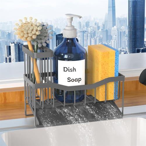 Fssvcd Maifan Sink Caddy Sponge Holder for Kitchen with Brush Holder and Stainless Steel Self Drain Tray, Rustproof Kitchen Sink Organizer for Sponge, Soap Dispenser Storage Accessories Dark Gray - color: Dark Grey