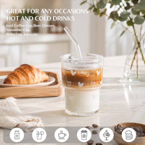 INSETLAN 13 oz Heart Decal Glass Tumblers Set of 2, Thick Wall Glass Cups with Lid and Glass Straw, On-the-Go Coffee Cups for Iced Coffee, Tea, Milk, Hot & Cold Drinks, Travel & Daily Use - color: 13 oz - 2 Pcs - With Heart Decal