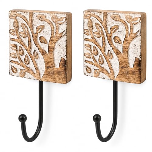 Set of 2 Decorative Wooden & Cast Iron Vintage Rustic Tree Of Life Coat Hanger Wall Mounted Jacket Robe Towel Door Hook Rack Holder Rail for Hallway Living Room Bathroom Bedroom Home Decor Accents