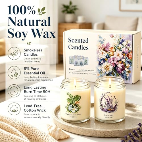 Scented Candles Gift Set for Home - 6 Pack 42oz Soy Candles Non Toxic | 300h Long Lasting Burn Time, Herbal and Fruity Aromatherapy Candles Gift for Women, Brithday, Housewarmings, Holidays
