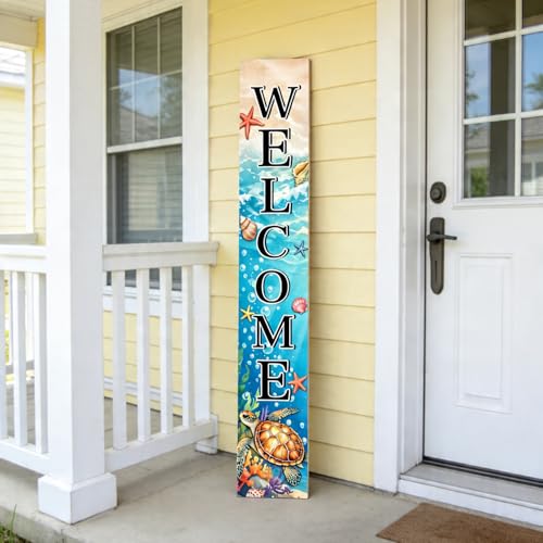 Sea Turtle Welcome Sign - 47.2" x 7.8" Vertical Wooden Decor, Front Door & Beach Outdoor Porch Sign, Patio Wall & Garden Standing Tall Summer Seasonal Yard Sign - color: Sea Turtle