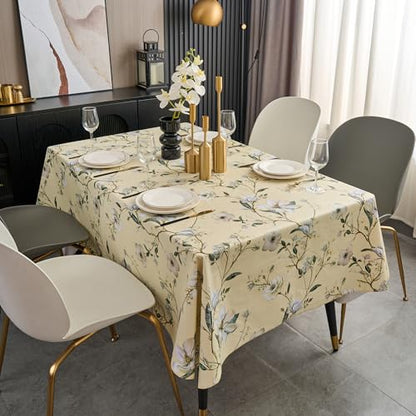 Pioggia Vinyl Tablecloth with Flannel Backing - Waterproof, Oil-Proof, Easy to Clean -Rectangle Plastic Table Cloth - Perfect for Dining Tables, Kitchen Tables, Parties - color: Beige Flower, size: 102" x 60" (Rectangular)