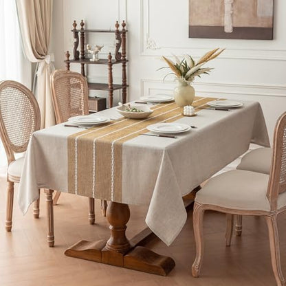 Joyfol Day Rustic Waterproof Cotton Blend Tablecloth, Heavy Weight Embroidery Table Cover for Rectangle Tables, Burlap Farmhouse Style with Coffee Lines, 55" x 86" - color: Coffee Lines, size: 86" x 55" (Rectangular)