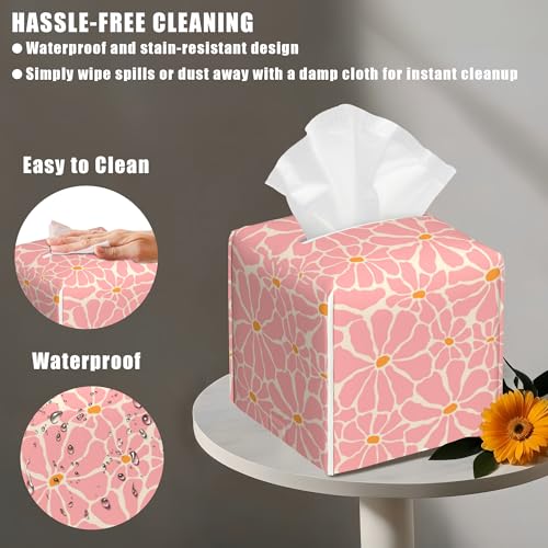 Pink Retro Groovy Flower Tissue Box Cover Square, Tissue Box Holder with Bottom Belt Leather Facial Paper Organizer Dispenser for Bathroom Bedroom Dresser Night Stand Tabletop - color: Pink Retro Groovy Flower