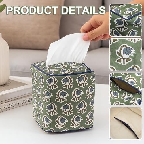 Green Fabric Tissue Box Cover - Floral Print Tissue Box & Decorative Square Napkin Holder Handmade Cotton for Home Bedroom Vanity Countertop Night Stands Office - style: Green